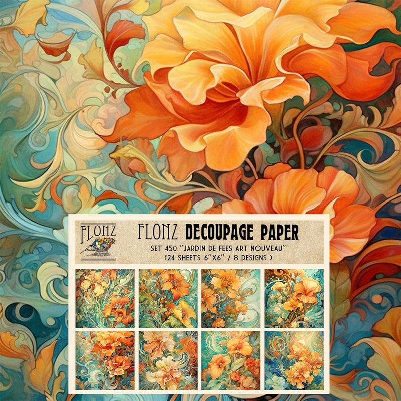 Decoupage Paper Pack (24 Sheets 6"x6") Jardin De Fees Art Nouveau # Vintage Styled Pattern Paper for Decoupage, Craft and Scrapbooking